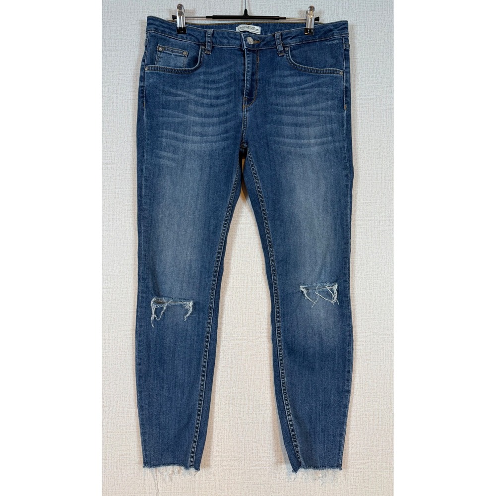 Zara Woman Premium Denim Skinny Jeans Blue Ripped Knee Raw Hem Size 12 Y2K 90s